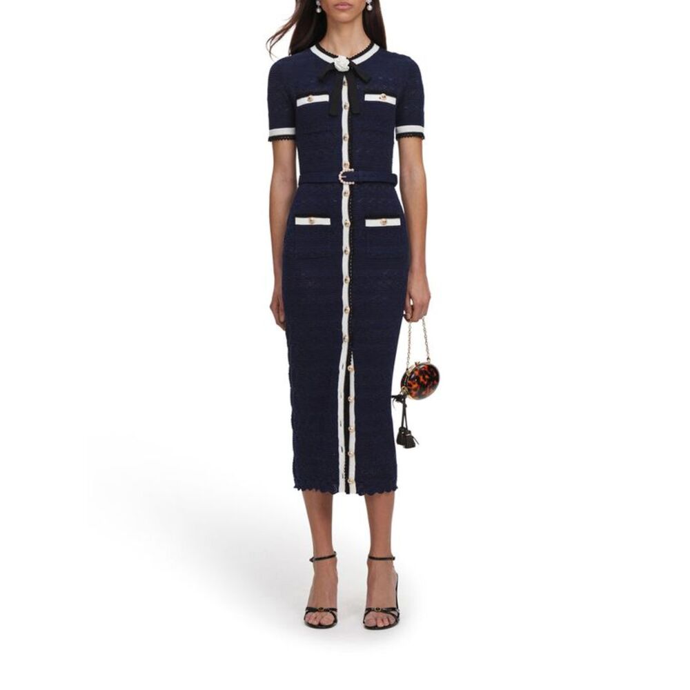 Self-Portrait Women Navy Blue Perforated Knit Midi Dress - Picture 2 of 5